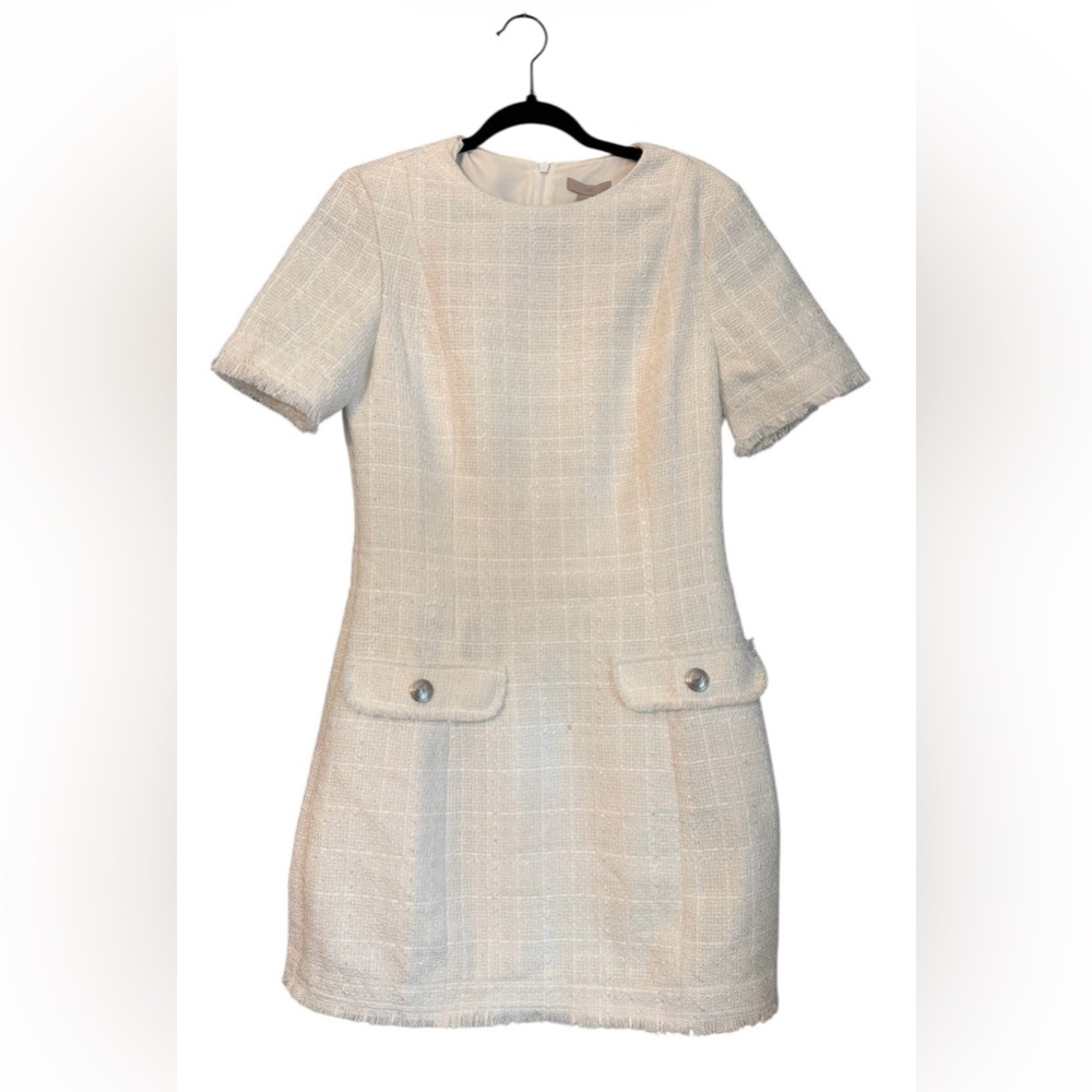 NEW H&M Bouclé Tweed Shift Dress White Fringe Hem Short Sleeve Size S